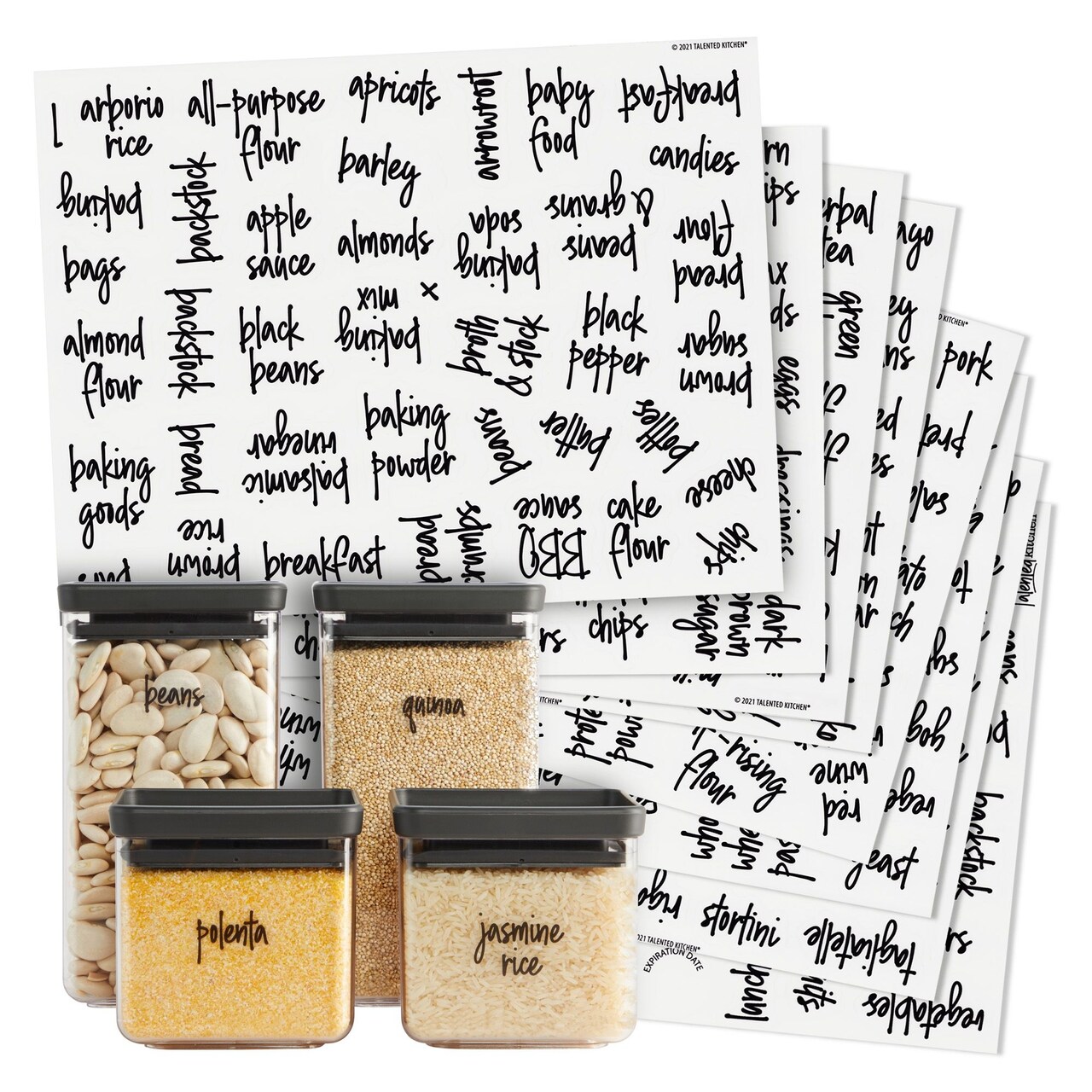Talented Kitchen 375 Clear Pantry Labels for Containers - Preprinted Black Script Kitchen Stickers for Organizing Food Containers, Jars, Storage Canisters, and Bins (Water Resistant)